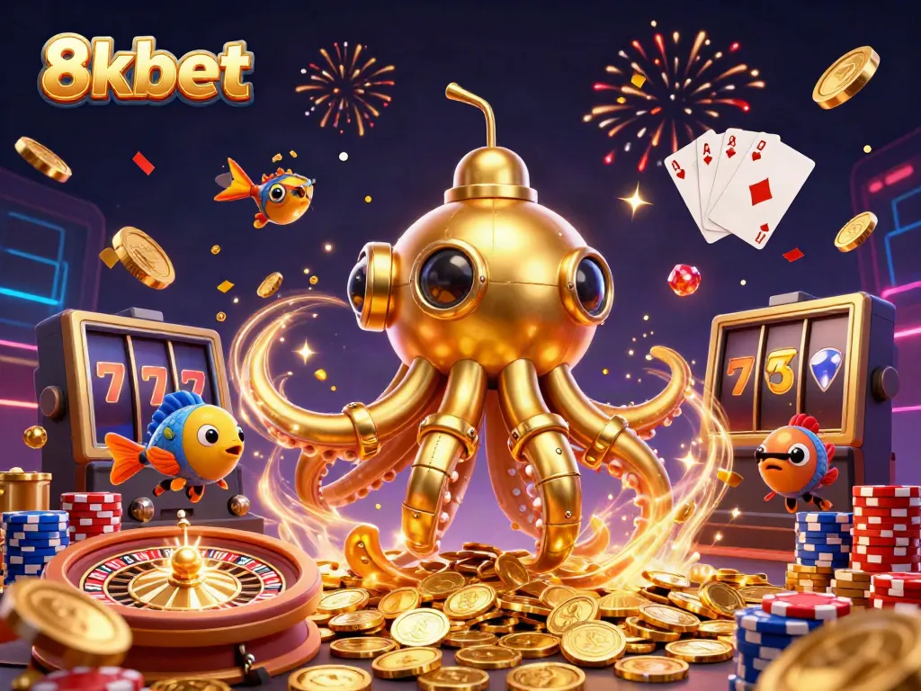 Experience thrilling online gaming with 8xbet, featuring a magical kraken submarine surrounded by coins and gaming elements.