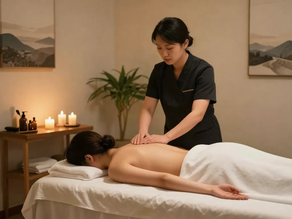 Luxurious 안산출장안마 session featuring a therapist and serene atmosphere.