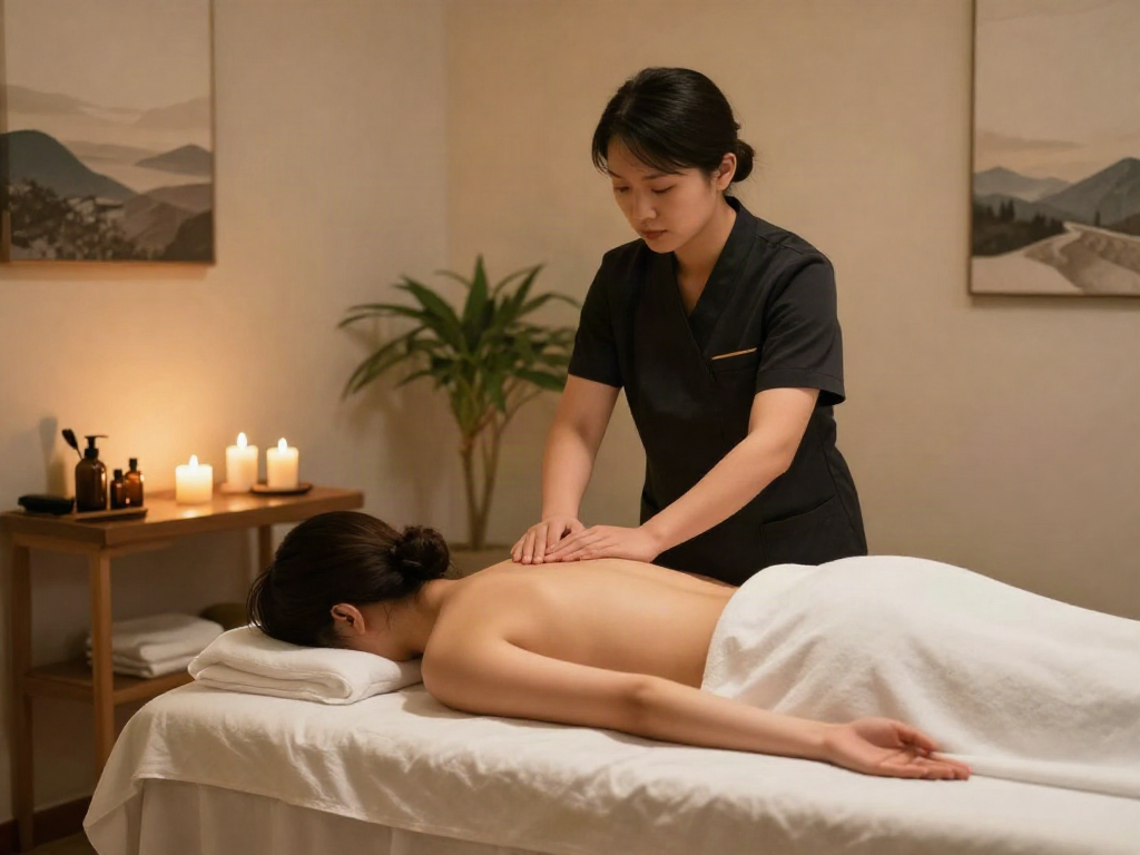 Luxurious 안산출장안마 session featuring a therapist and serene atmosphere.