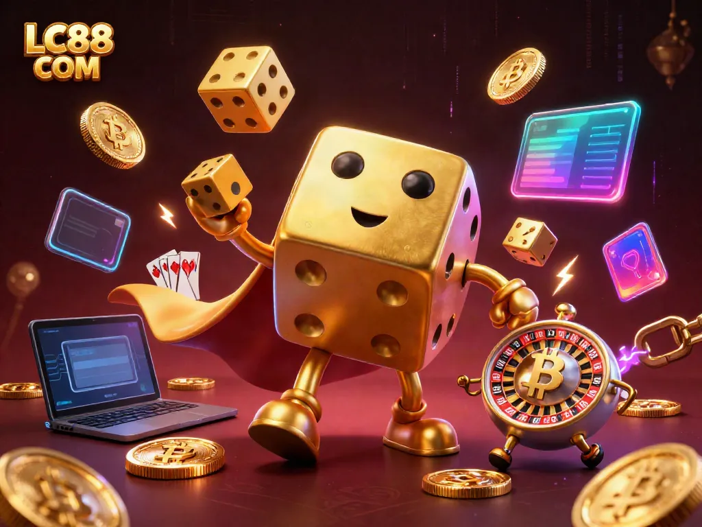 Experience thrilling action with LC88 COM's vibrant casino scene featuring a lively dice golem and dazzling game elements.