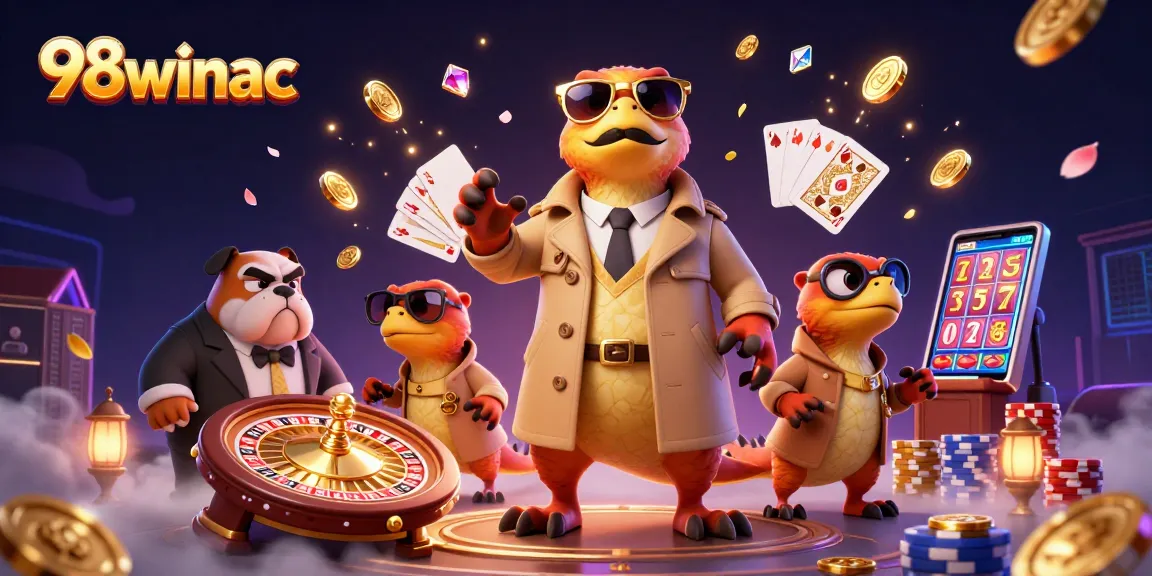 Join the action at 98winac's VIP lounge with three raptor friends in disguise, spinning roulette, and dazzling gems.