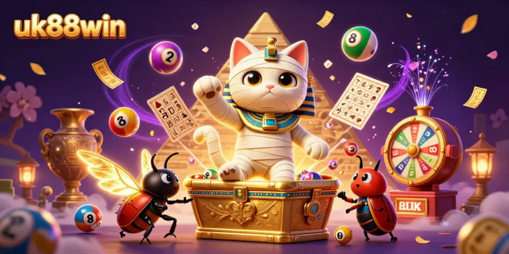 Experience the excitement of gambling with uk88win featuring a vibrant 3D scene of a mummy cat in a casino.