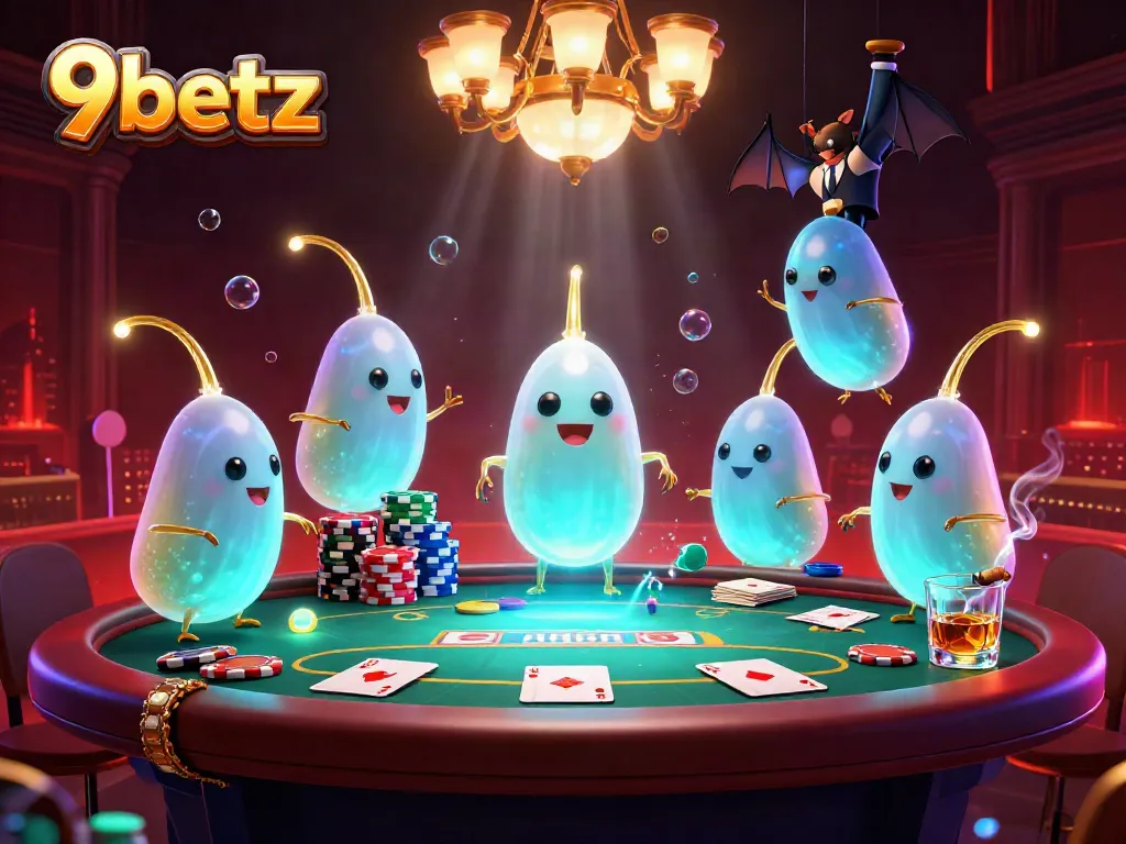 Experience 9betz excitement with glowworms lighting a vibrant casino scene as a bat dealer oversees the game.