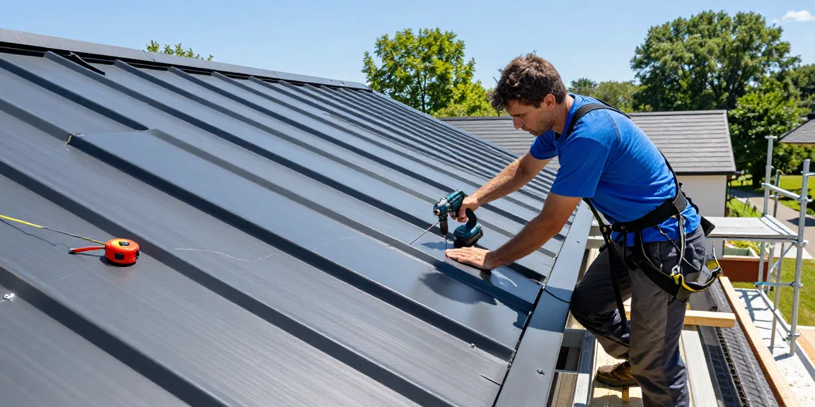 Standing seam roof installation with contractor on modern residential home, showcasing metal panels and tools for precision.