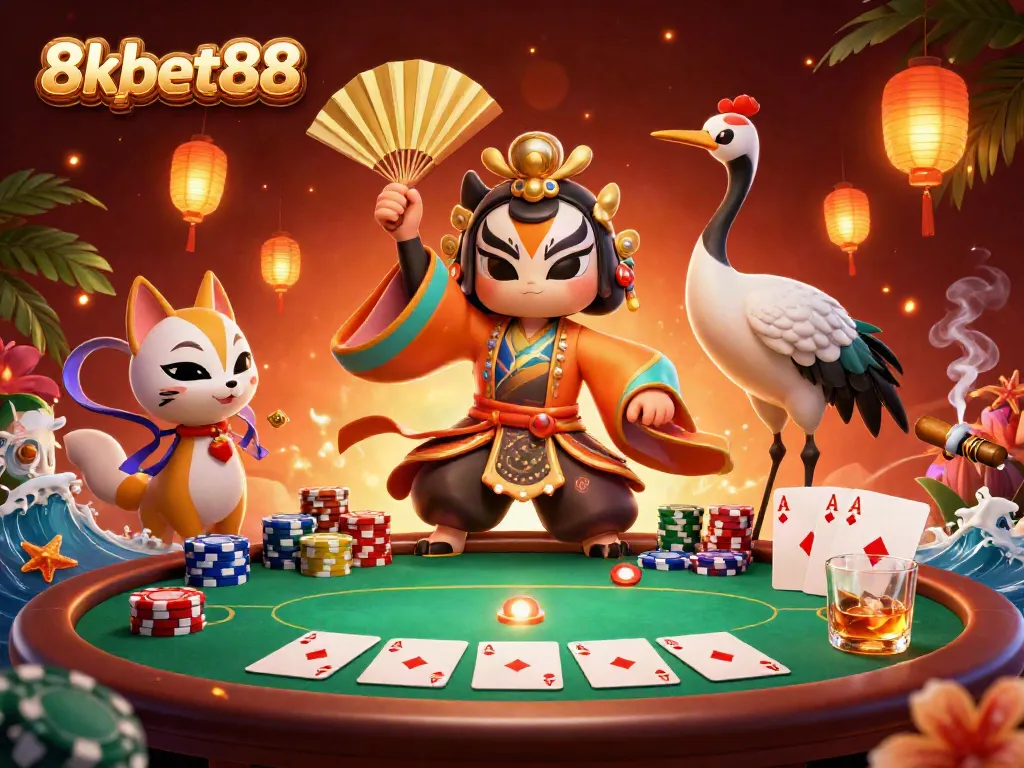 Win big at 8xbet88 with a vibrant poker scene featuring colorful chips and cards.