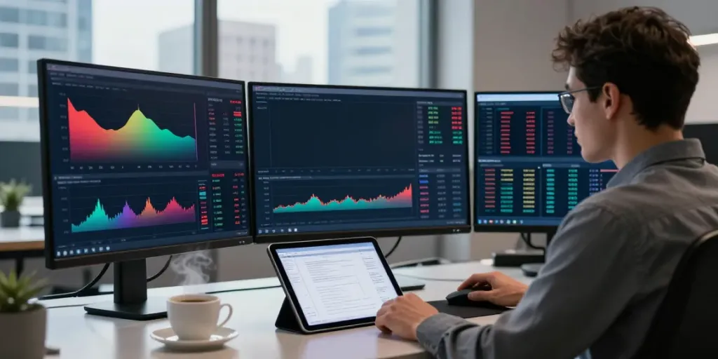 Market analysis scene with Slate Capivex trading technology in action, featuring multiple screens displaying market data and insights.