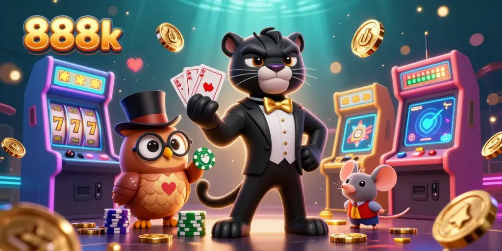 Experience exciting gameplay at 888k with a stylish panther dealer, owl, and lucky mouse.