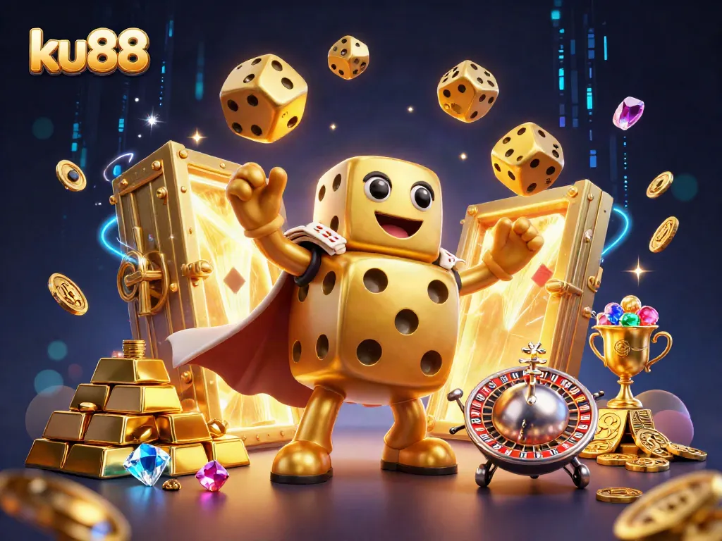 ku88's dazzling casino scene with golden dice, treasures, and vibrant energy effects