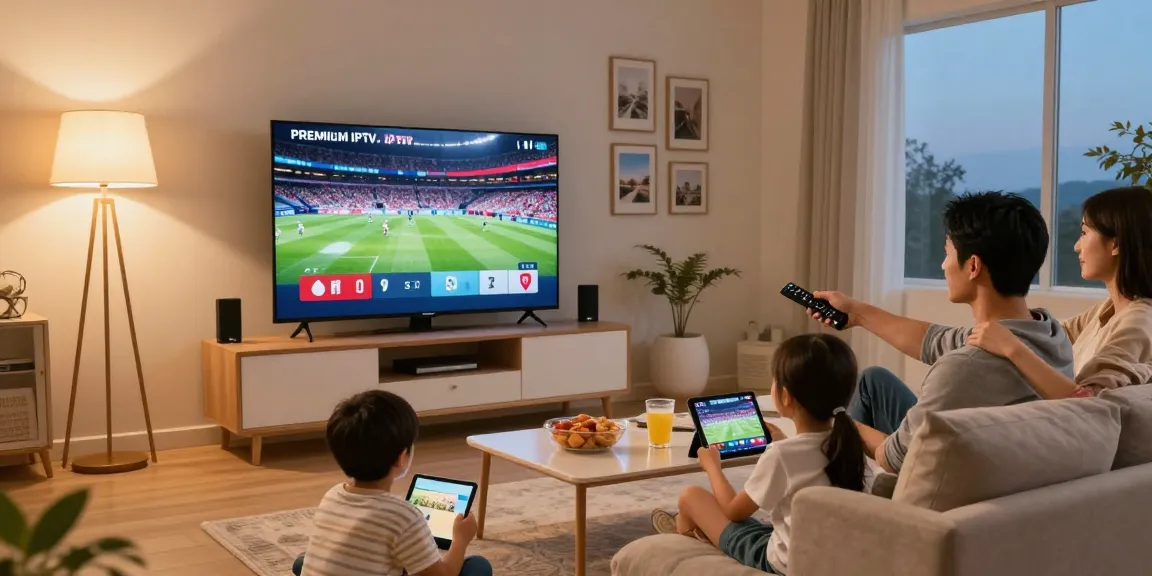 Family enjoying IPTV streaming in a cozy living room with snacks and devices.