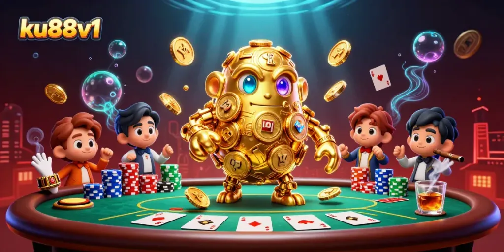 Engage with ku88v1's gambling thrills in this vibrant casino scene featuring a gold golem and a poker setup.