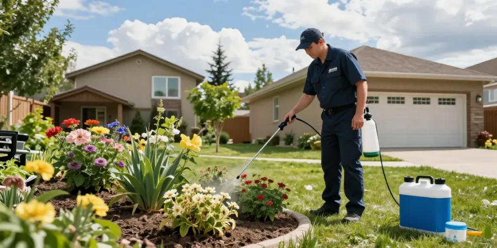 Pest control Calgary technician treating garden area for effective pest management