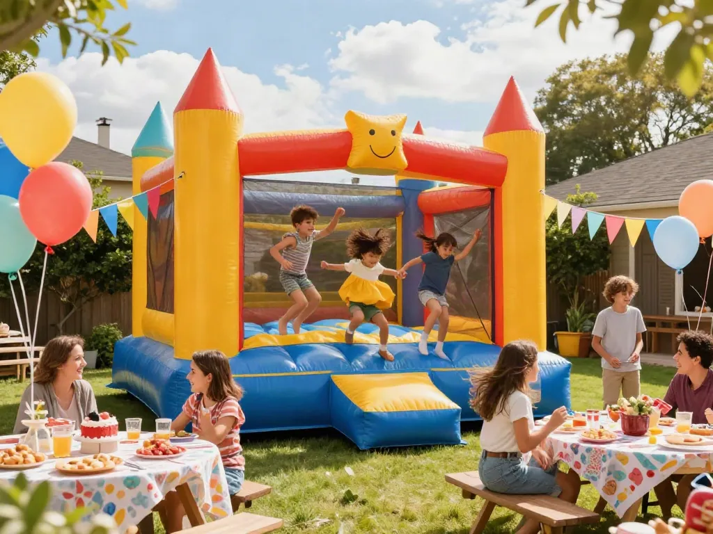 Children having fun in a bounce castle during a festive outdoor party with decorations.
