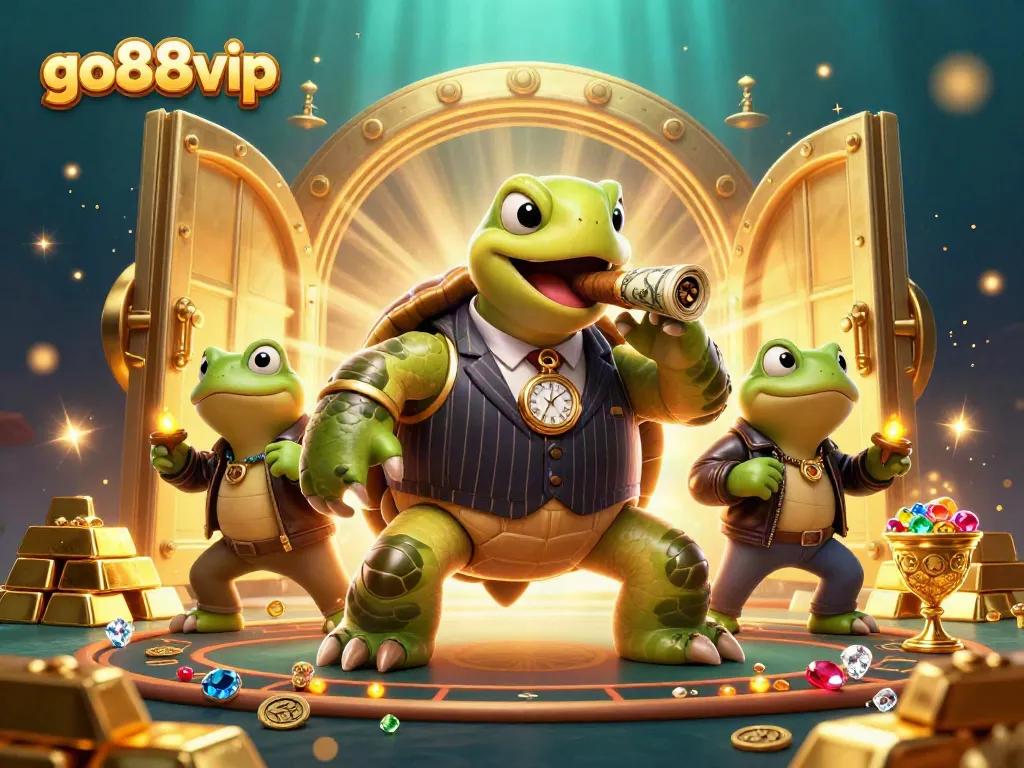 Engage with the go88vip scene featuring a snapping turtle mobster amid golden treasures and vibrant casino lights.