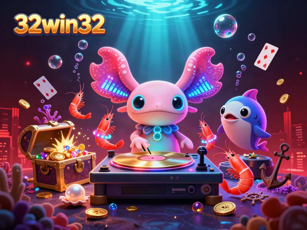Experience the vibrant atmosphere of 32win32 with a lively underwater casino scene featuring neon characters and treasures.