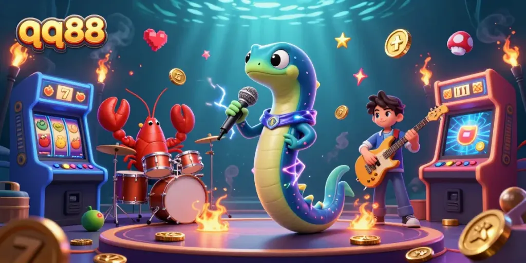 Engage with qq88's vibrant underwater casino visual featuring animated characters and jackpots in action.
