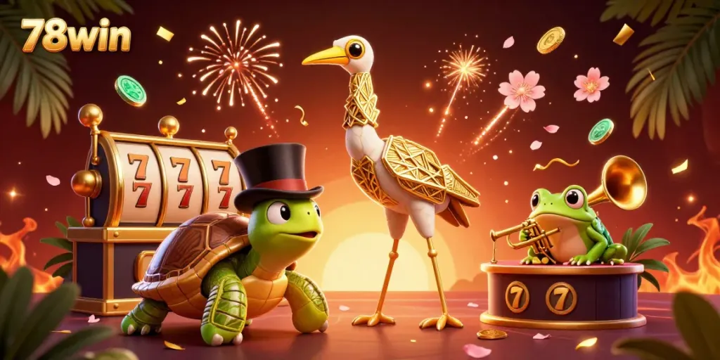 Celebrate winning moments at 78win with vibrant casino characters and thrilling slot excitement.