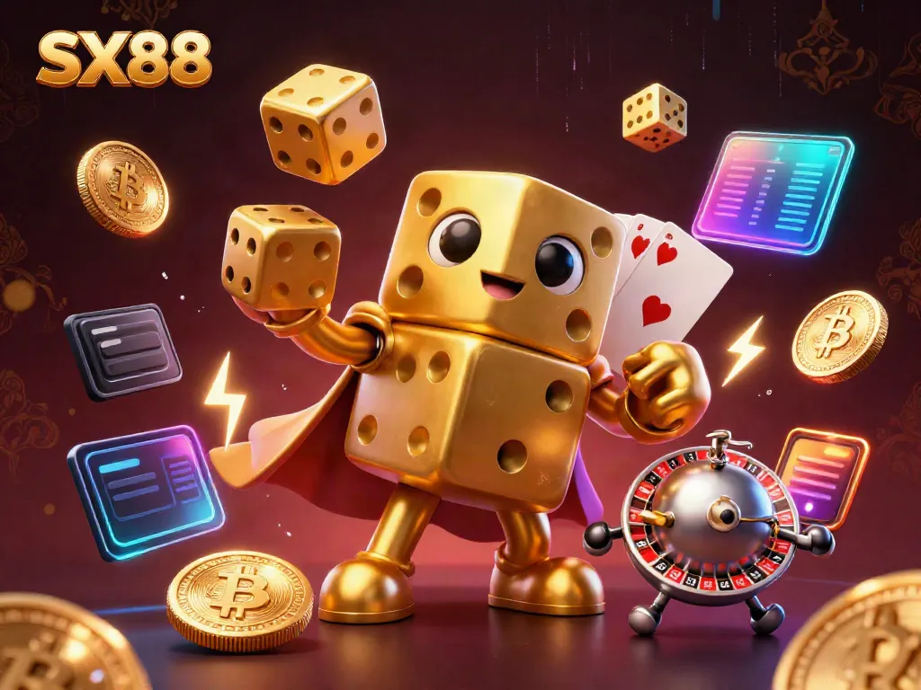 Experience gaming at SX88 with a vibrant, animated rendering of casino-themed characters and elements.