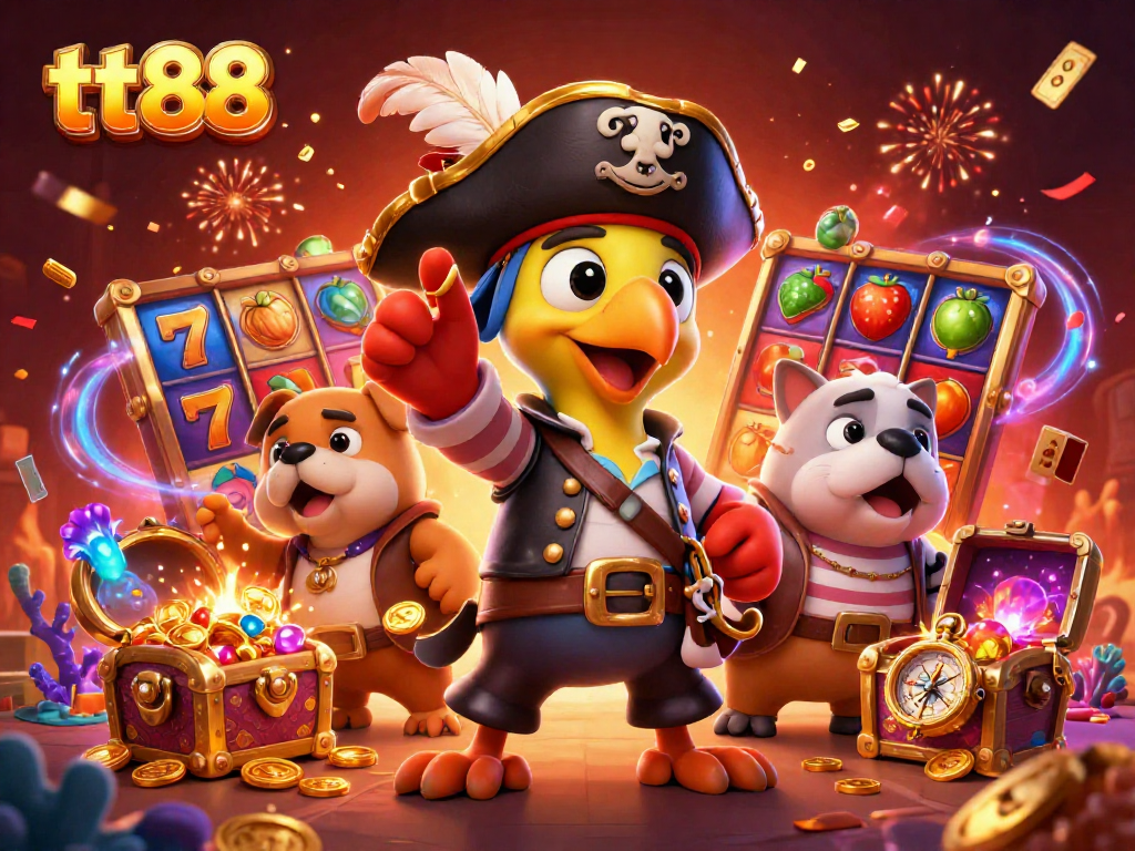 Experience the excitement of tt88 with this vibrant, ultra-detailed 3D illustration of characters surrounded by lively casino elements.
