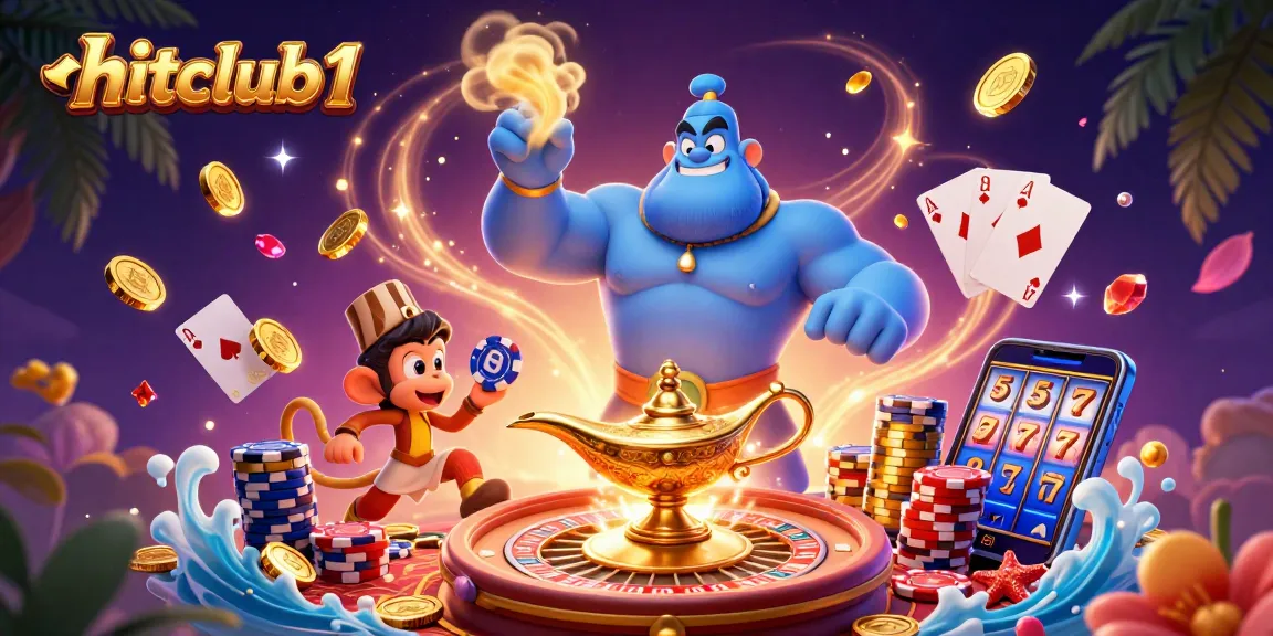 Engage in thrilling gameplay with hitclub1 as a genie, monkey, and poker chips capture the casino spirit.