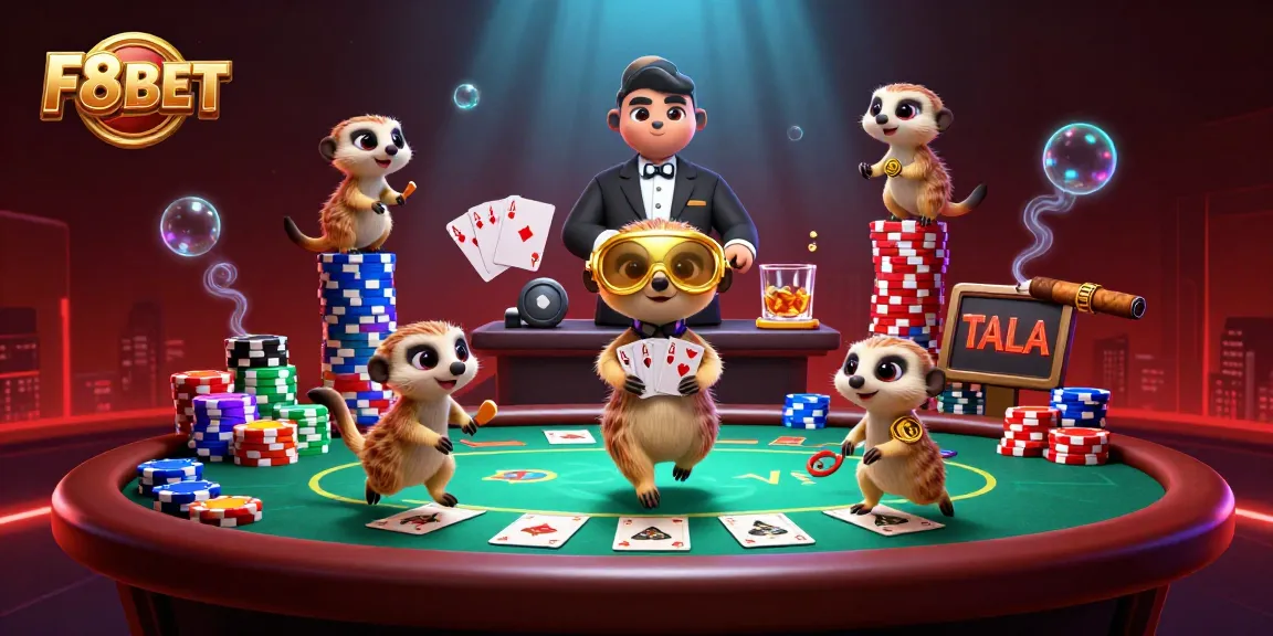 Experience thrilling action at F8BET casino with meerkats in a dynamic gaming illustration.