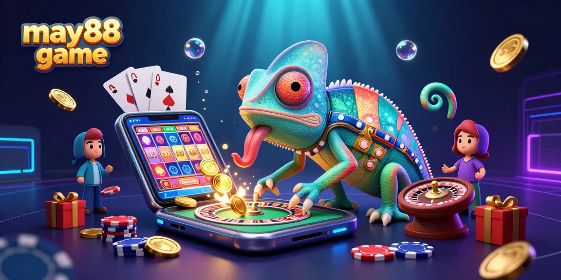 Engage in the may88 game with vibrant scenes of casino action, featuring a chameleon owner and dynamic gaming elements.