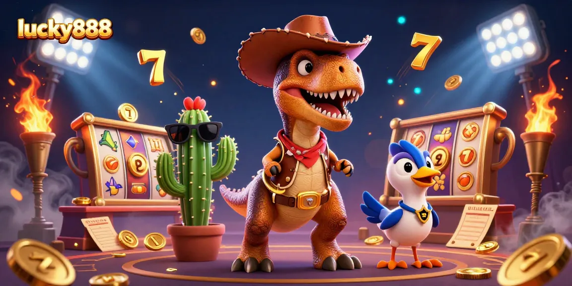 Experience the thrill of lucky888 with 3D characters amidst a vibrant casino scene filled with jackpot slots.