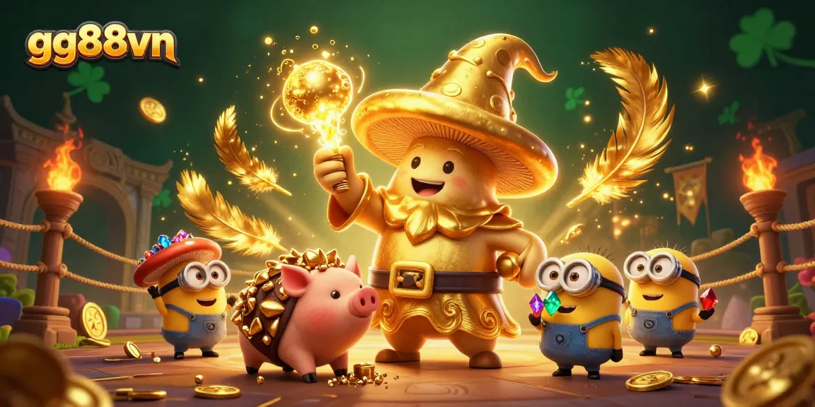 Experience thrill at gg88vn with golden mushroom wizard and treasure pig in a rich casino scene.