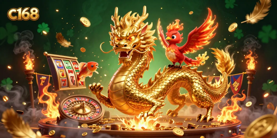 Experience casino excitement with c168 featuring a dragon, phoenix, and koi amidst gaming elements.