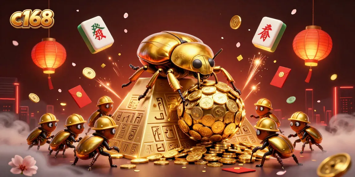C168 gaming scene showcasing a golden dung beetle and vibrant casino elements, perfect for online gamblers.