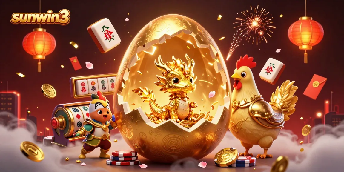 Experience thrilling wins at sunwin3 with a dazzling 3D illustration of a golden dragon amidst poker chips and festive elements.