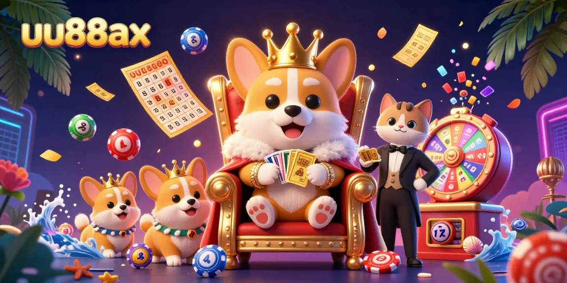 Join the excitement at uu88ax with vibrant gambling scenes featuring royal corgis, lottery balls, and enticing casino elements.