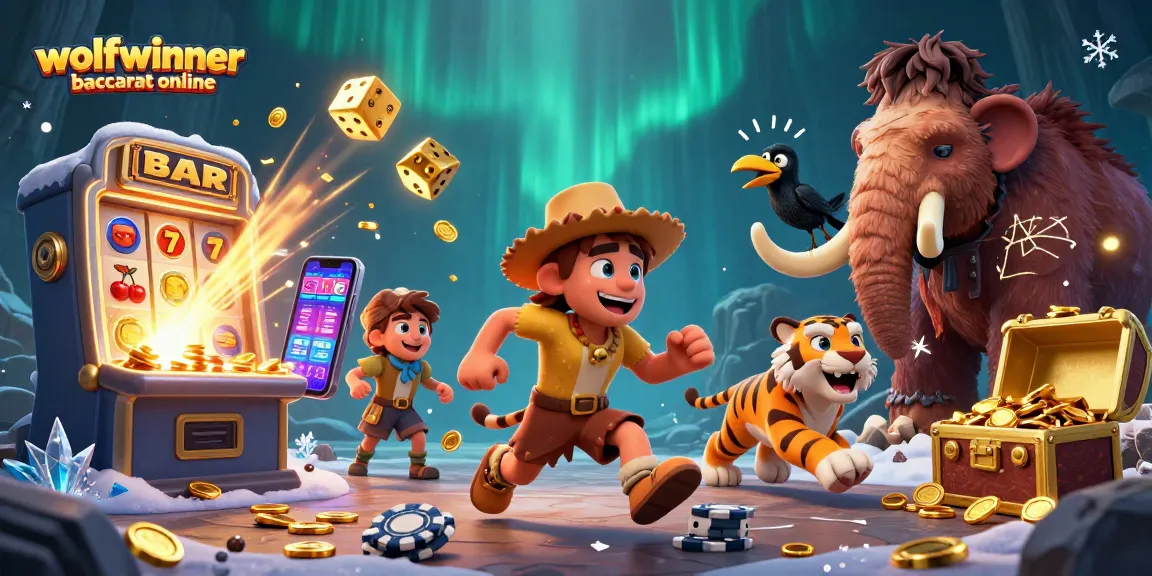 Engage in wolfwinner baccarat online, showcasing cavemen at a vibrant casino filled with slot machines and jackpots.