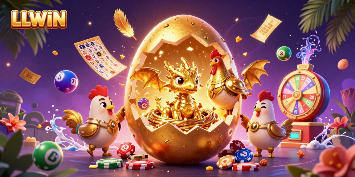 Experience LLWIN's vibrant gambling excitement with a dazzling golden baby dragon illustration amidst playful gaming elements.
