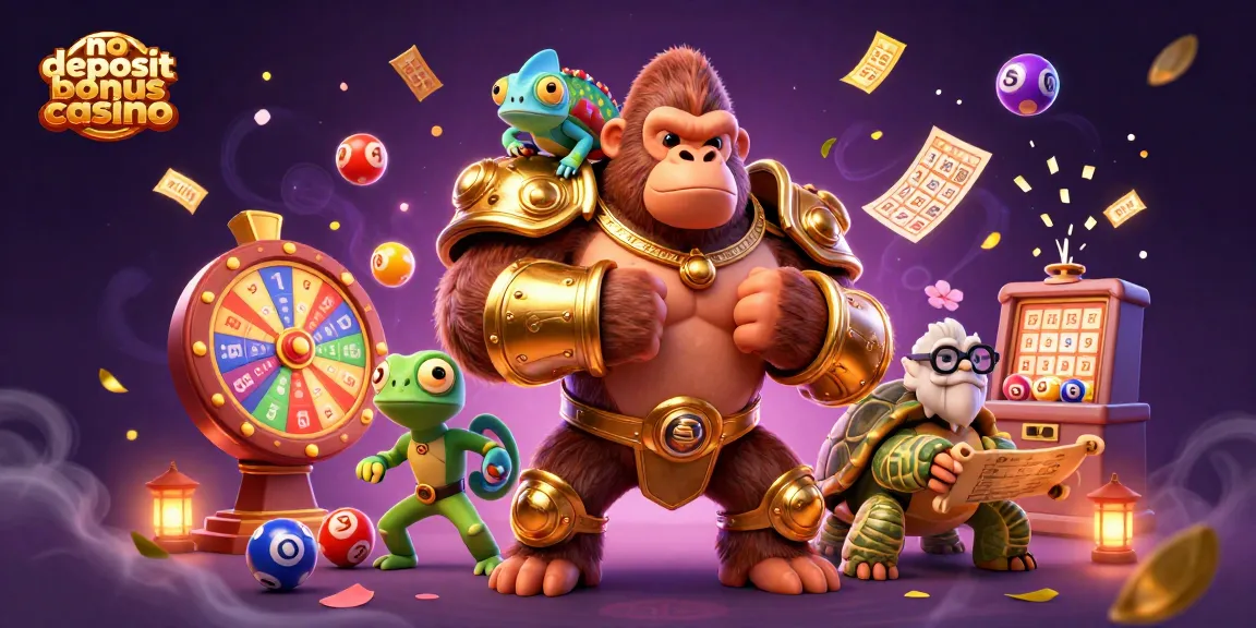 No deposit bonus casino scene featuring a gorilla king, chameleon, and tortoise, surrounded by gambling elements.