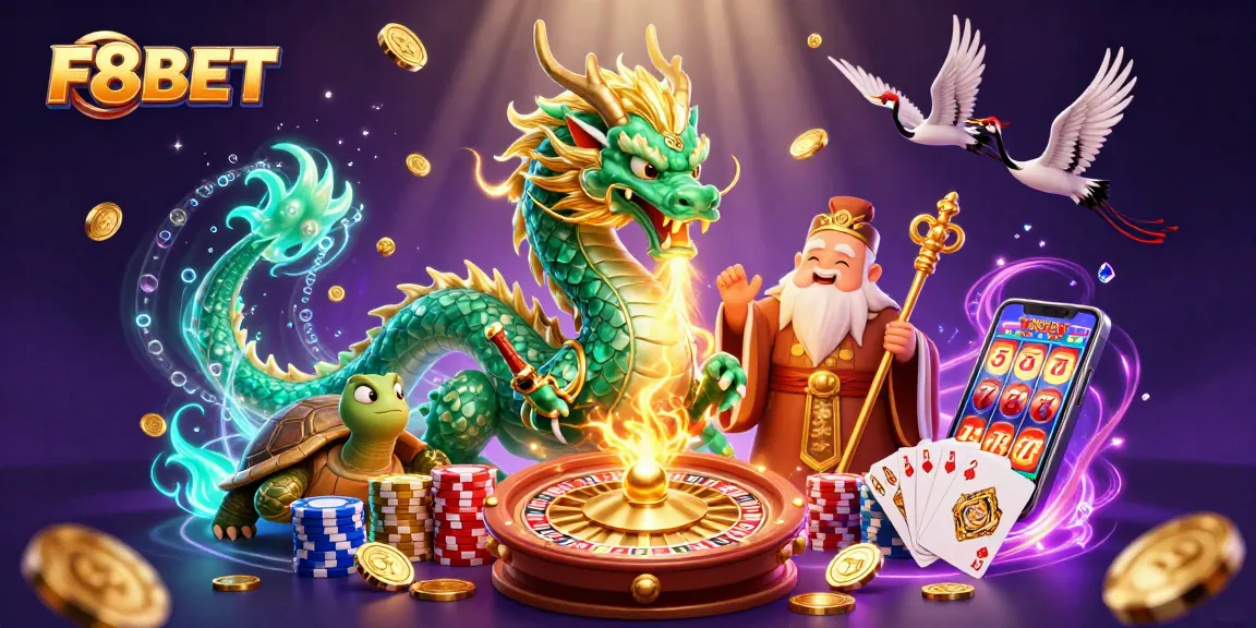 F8BET offers thrilling gaming experiences with a jade dragon and dynamic casino elements.
