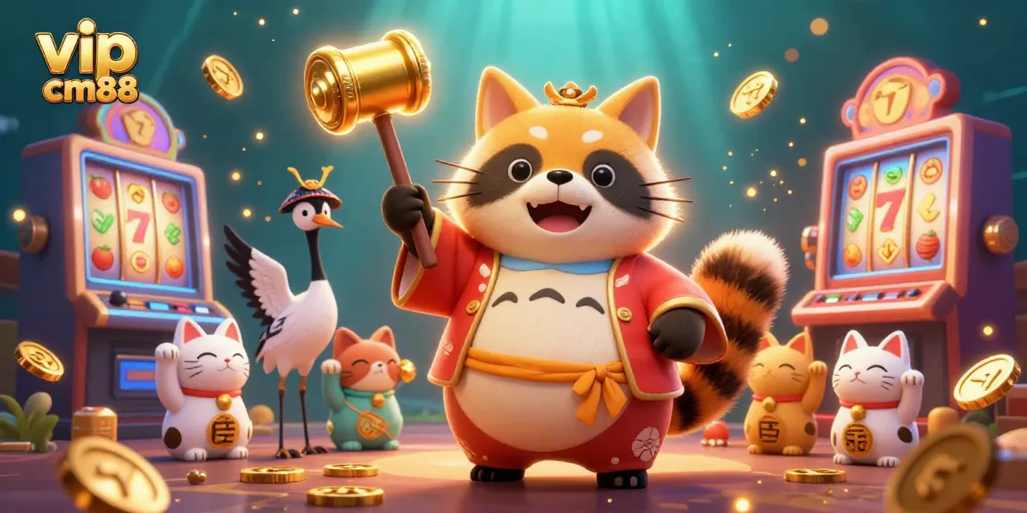 Spin the reels with vip cm88 in this vibrant 3D casino scene featuring lucky symbols and festive characters.