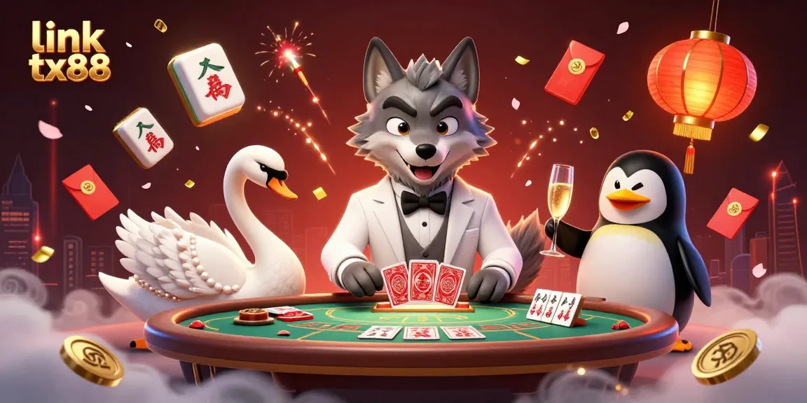 Engage with link tx88 at a vibrant casino scene featuring a debonair wolf and elegant characters.